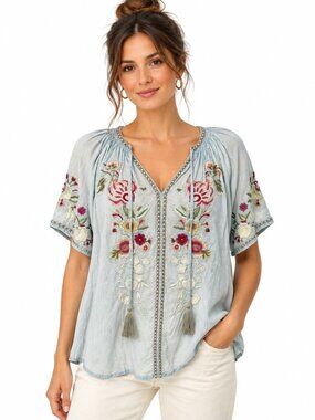 Kyla Seo NWT Embroidered Kiora Top Short Sleeve Boho 100% Cotton Blue Size S